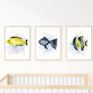 Poster Peixes Tropicais Amarelos Azuis Tema Oceano