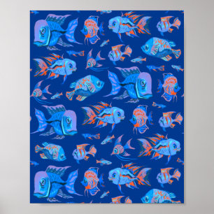 Poster Peixes tropicais divertidos em azul