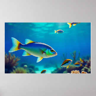 Poster Peixes Tropicais Flutuando na Água do Mar Azul Pro