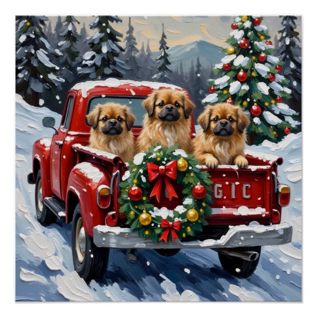 Pôster Pekingese Christmas Red Truck Holiday (Frente)