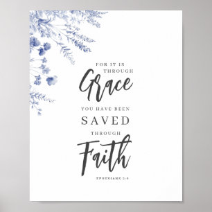 Poster Pela Graça, Através da Fé Efésios 2:8 Floral Azul