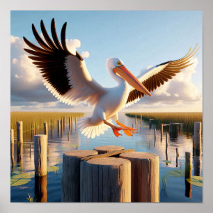 Poster Pelicano Branco Americano Gracioso em Serene Wetla