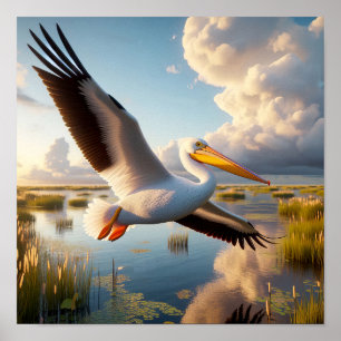 Poster Pelicano Branco Americano Gracioso em Serene Wetla