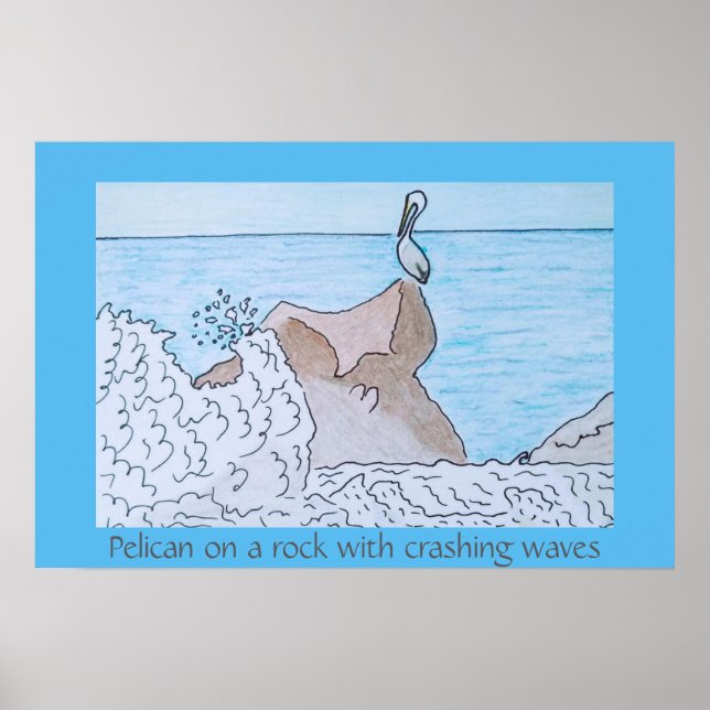 Poster Pelicano em uma rocha com ondas quebrando (Frente)