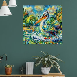 Poster Pelicano no País das Maravilhas Amarelo Verde Flor