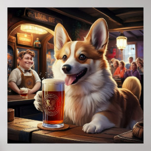 Poster Pembroke Corgi Bebendo uma Cerveja no Pub