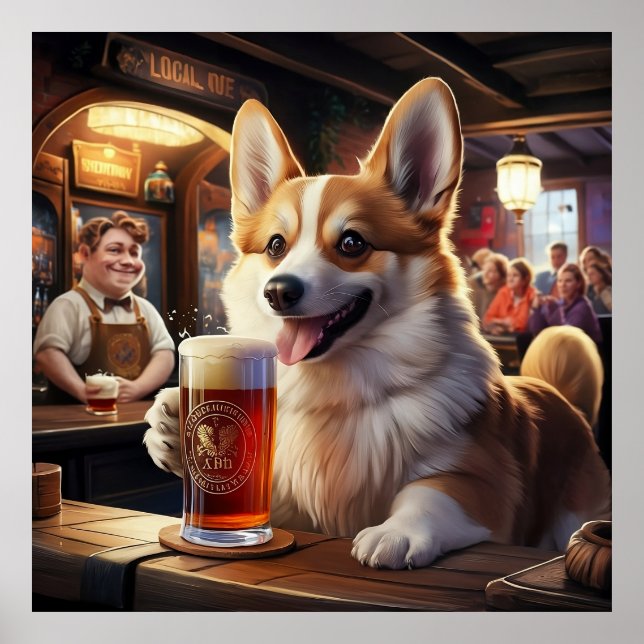Poster Pembroke Corgi Bebendo uma Cerveja no Pub (Frente)
