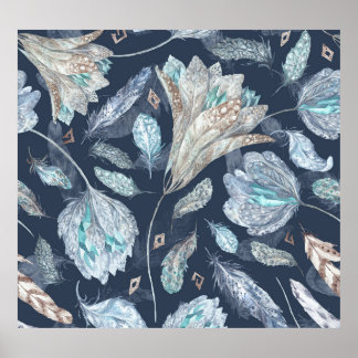 Poster Penas Chic Boho Flores: Azul Escuro-Aquarela P