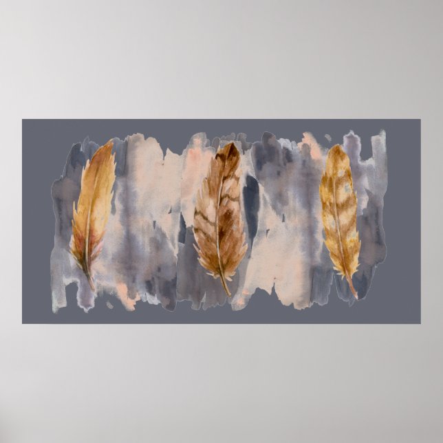 Poster Penas Cinza Cream Watercolor Wall (Frente)