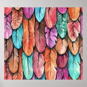 Poster Penas de aves, aquarela, padrão sem costura.