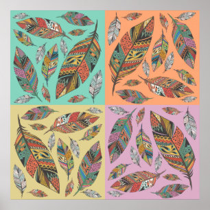 Pôster Penas de Design tribais em quatro quadrados colori