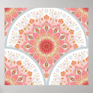 Poster Penas de Peacock, Ornamento Floral Redondo.