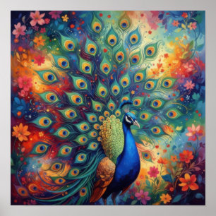 Poster Penas e Flores de Pavão Coloridas
