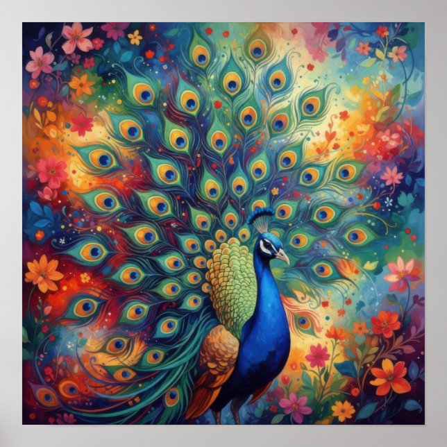 Poster Penas e Flores de Pavão Coloridas (Frente)