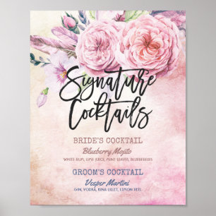Pôster Penas florais de Boho do menu da bebida da