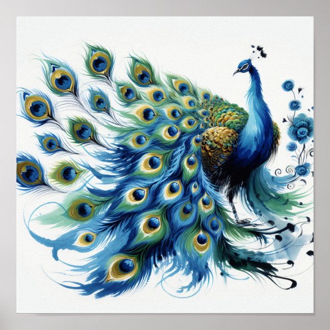 Poster Penas Majestosas: Arte Digital Blue Peacock (Frente)