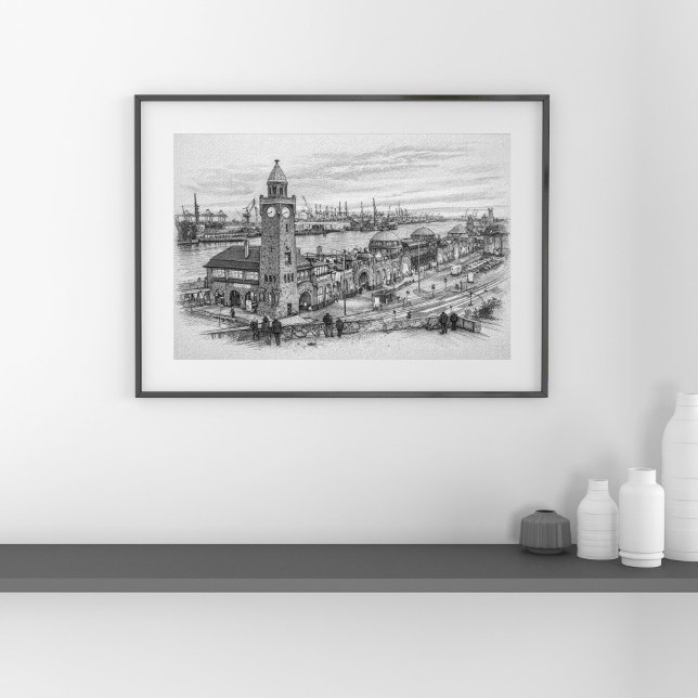Poster Pencil Cityscape Sketch Hamburg Harbor Landmark (Criador carregado)