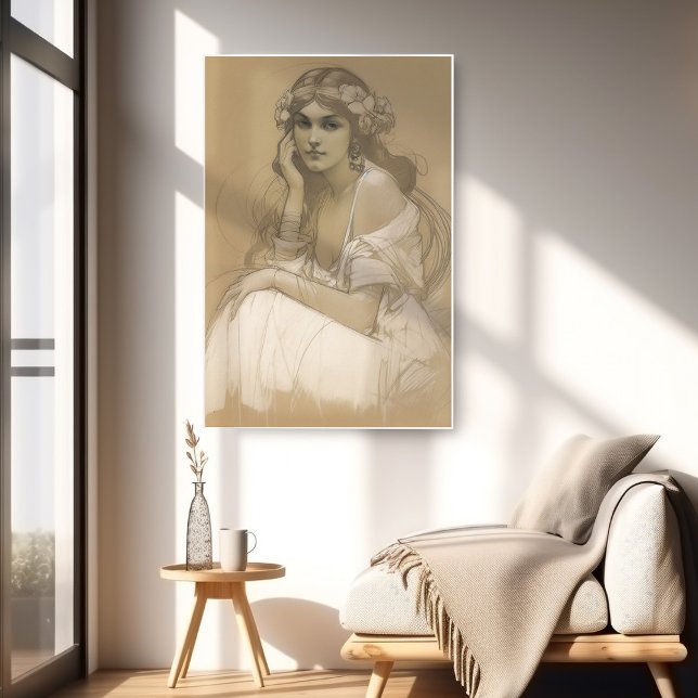 Poster Pencil-Mulher White Crayon Retrato Study Mucha (Criador carregado)