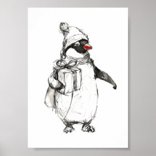 Poster Penguin Bonito Segurando Presente