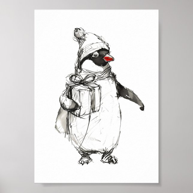 Poster Penguin Bonito Segurando Presente (Frente)