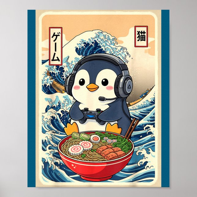 Poster Penguin Kawaii Japanese Ramen Noodle Retro Gaming  (Frente)