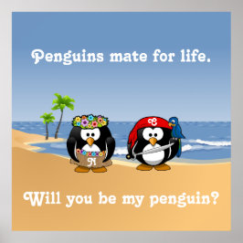 Poster Penguins tropicais Casal Hula Pirate Island Beach