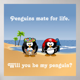 Poster Penguins tropicais Casal Hula Pirate Island Beach