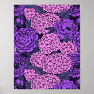 Poster Penia e hidrangea em rosa e violeta