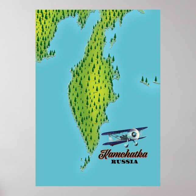 Poster Península de Kamchatka mapa de viagem Rússia. (Frente)