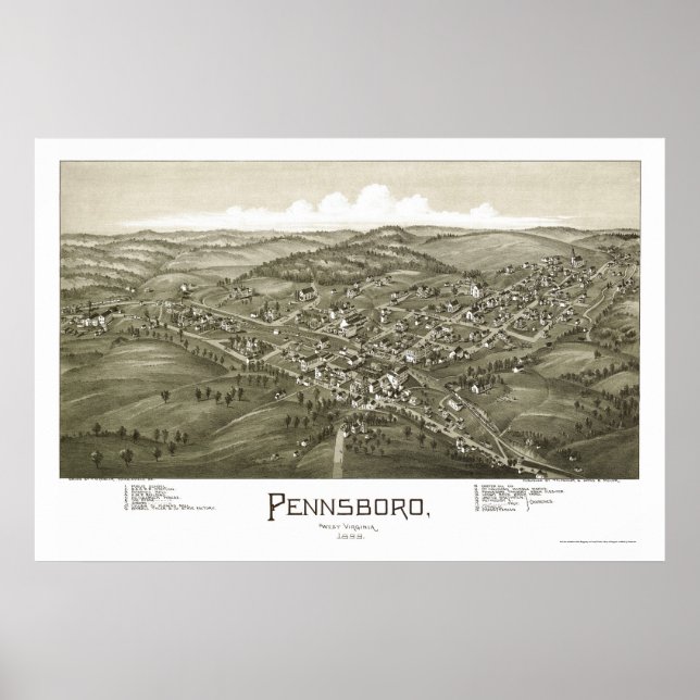 Pôster Pennsboro, Mapa Panorâmico do WV - 1899 (Frente)