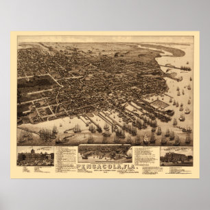 Pôster Pensacola, Mapa Panorâmico FL - 1885