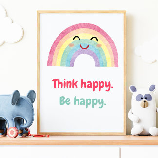 Poster Pense Feliz, Seja Feliz, Crianças Positivas, Impre