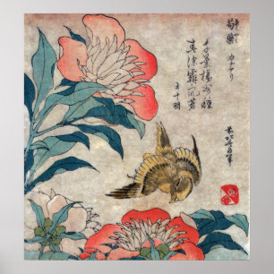Pôster Peônia e canário, Hokusai