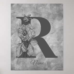 Poster Peônia Monograma Elegante Inicial R Personalizado