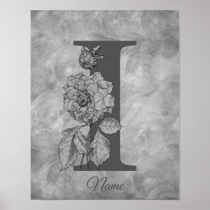 Poster Peônia Monograma Inicial Elegante I Personalizado
