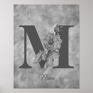 Poster Peônia Monograma Inicial Elegante M Personalizado