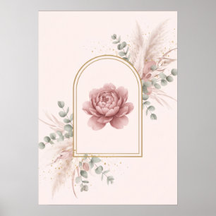 Poster Peônia Rosa Dourado Arco Sage Pampas Arte