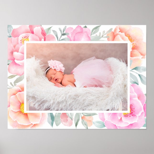 Poster Peônias de aquarela Rosas Foto Floral Pêssego Rosa (Frente)