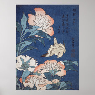 Pôster Peônias e canário de Katsushika Hokusai