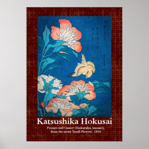 Poster Peônias e canário do design do rolo por Hokusai