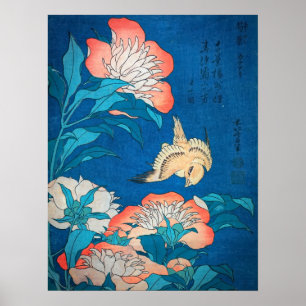 Poster Peônias e canário por Hokusai