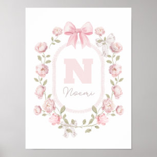 Poster peônias moldura nome inicial menina bebê