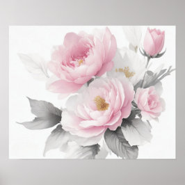 Poster Peônias Rosa em Aquarela