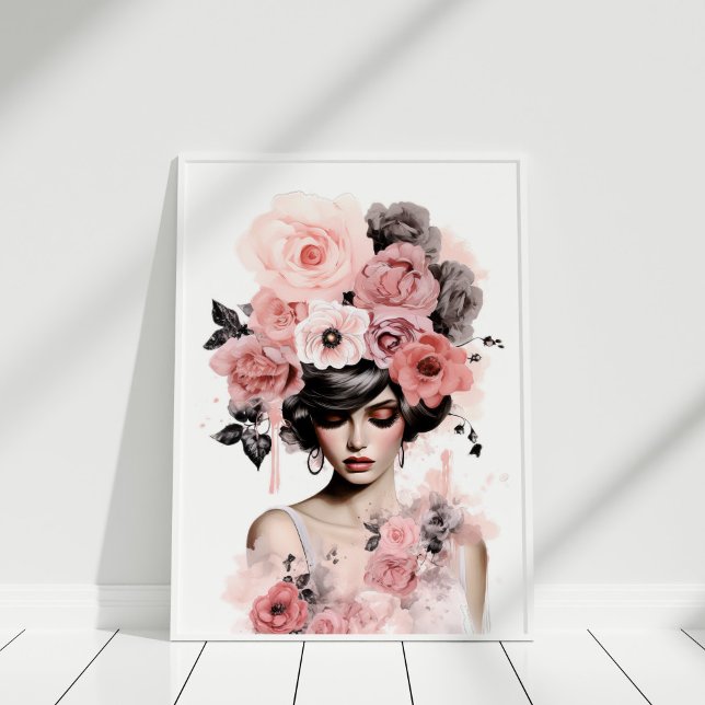 Poster Pêonias Rosa Pecadas Retrato de Moda Floral (Dusty Pink Peonies Floral Fashion Portrait Poster in a white frame)