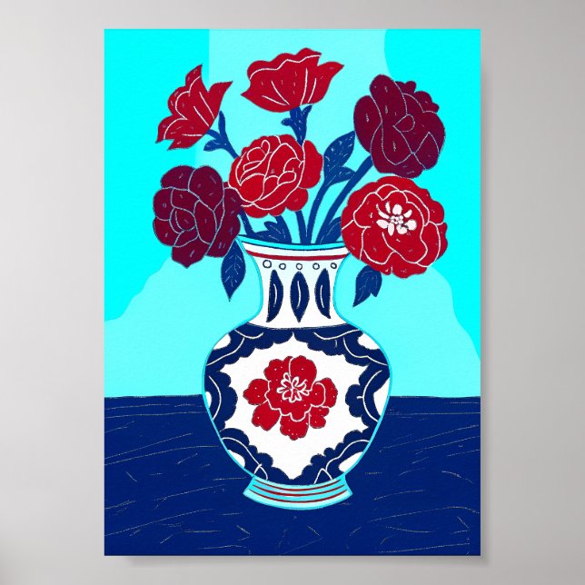 Poster Peônias Vermelhas do Meio do Século em Vaso de Chi (Frente)