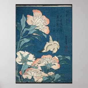 Poster Peonies and Canary, por Katsushika Hokusai 1834
