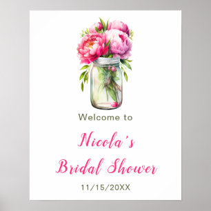 Poster Peonies Rosa Mason Jar Chá de panela Bem-vindo