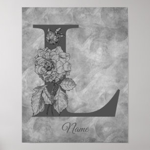 Poster Peony Elegante Monograma Inicial L Personalizado