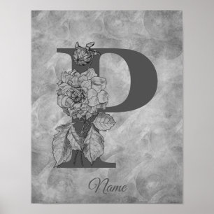 Poster Peony Elegante Monograma Inicial P Personalizado