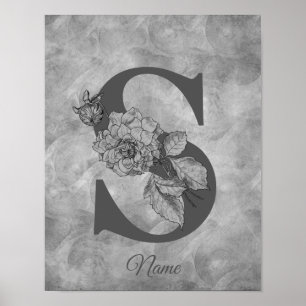 Poster Peony Elegante Monograma Inicial S Personalizado
